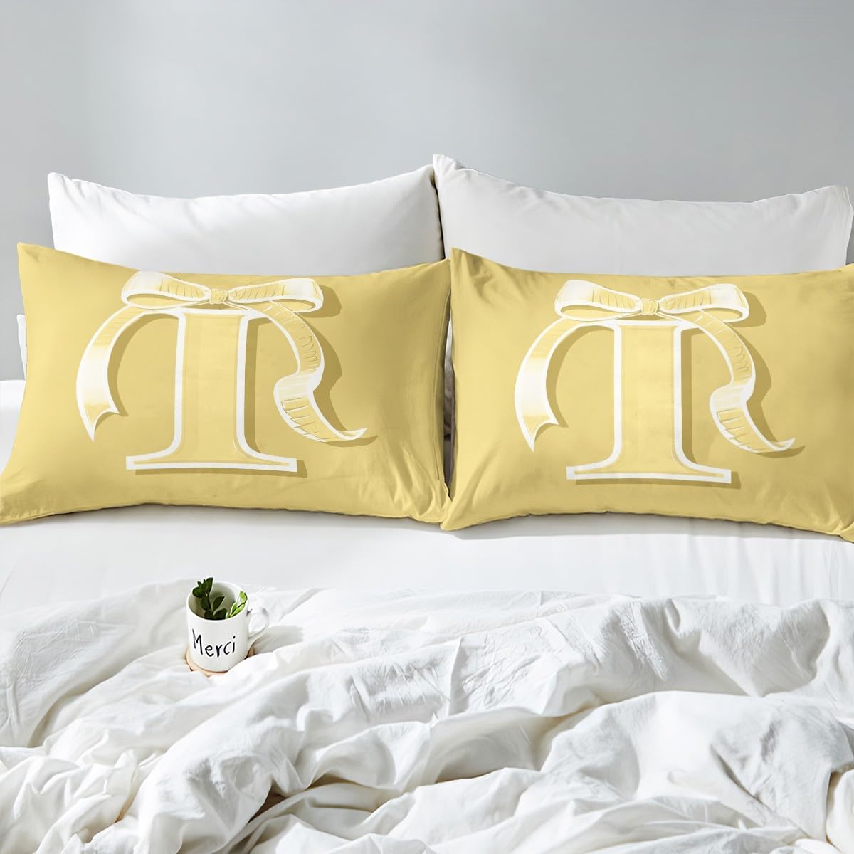 jejeloiu Kids Girls Yellow Bow Duvet Cover Toddler Size Monogrammed Bedding Set Ultra Soft Personalized Initial I Comforter Cover Modern Fashion Bedspread Cover Bowknot Bedclothes,No Comforter