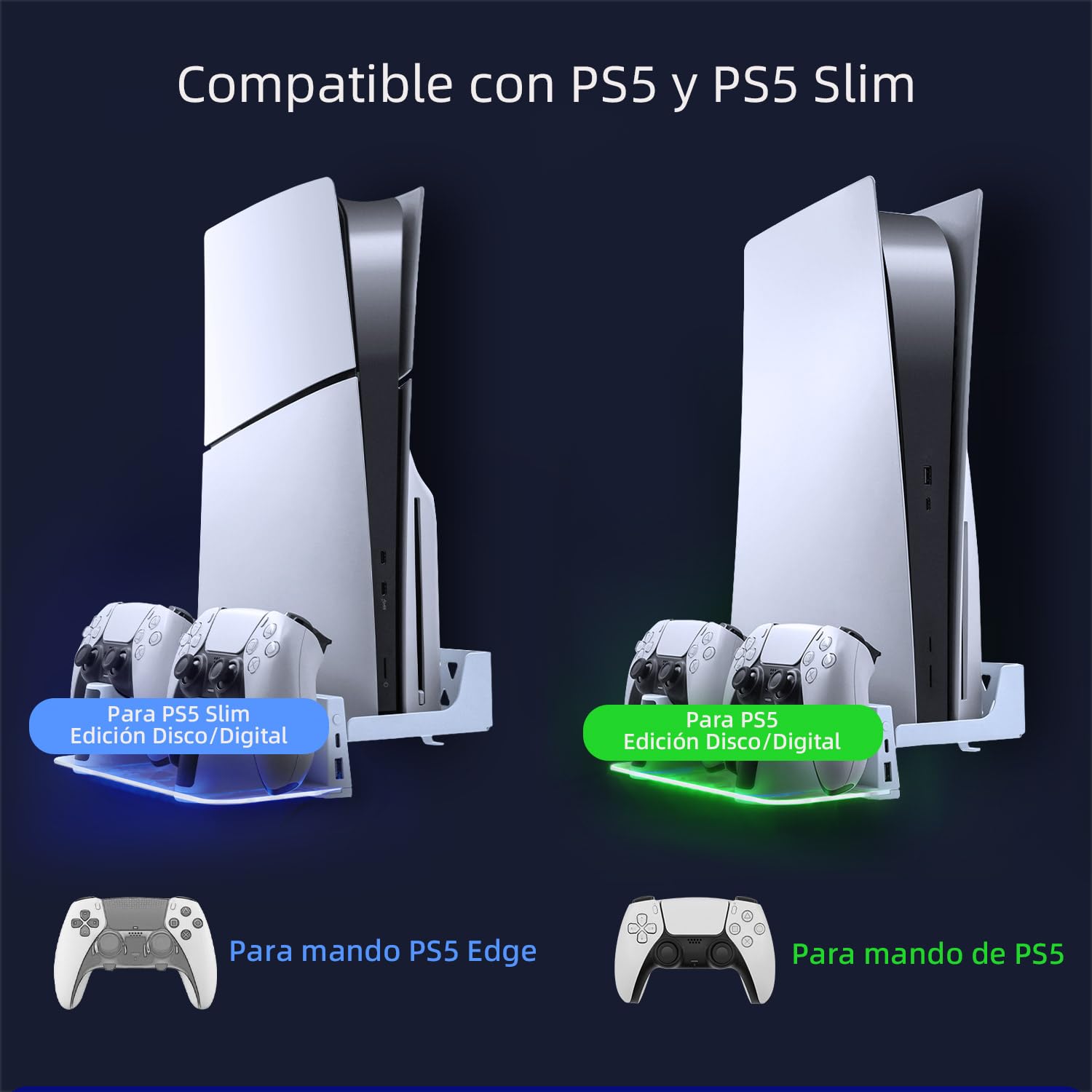 Mcbazel Soporte de pared RGB para consola de juegos PS5 Slim/PS5 Pro/PS5 Estación de Carga Dual para Controladores Montada en la Pared con LED para Playstation 5/PS5 Slim Digital/Disc/PS5 Pro - Blanco