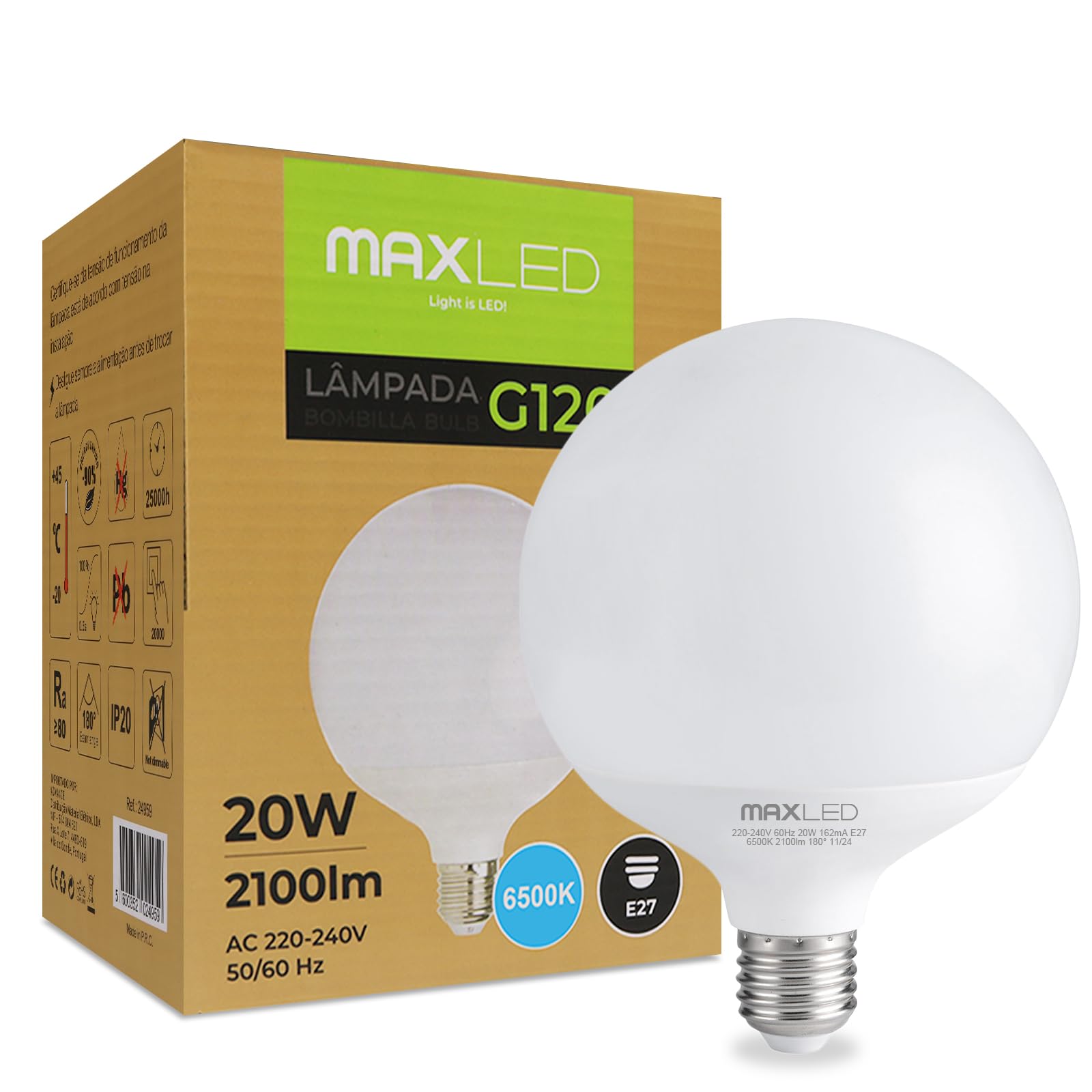 Maxled, Light is Led! G120 Screw in Light Bulb E27 Edison ES LED Bulb 20W Equivalent 160W Cool White 6500K 2100lm Energy Saving Lightbulbs Non-dimmable for Lamp AC230V Φ120 x 158mm