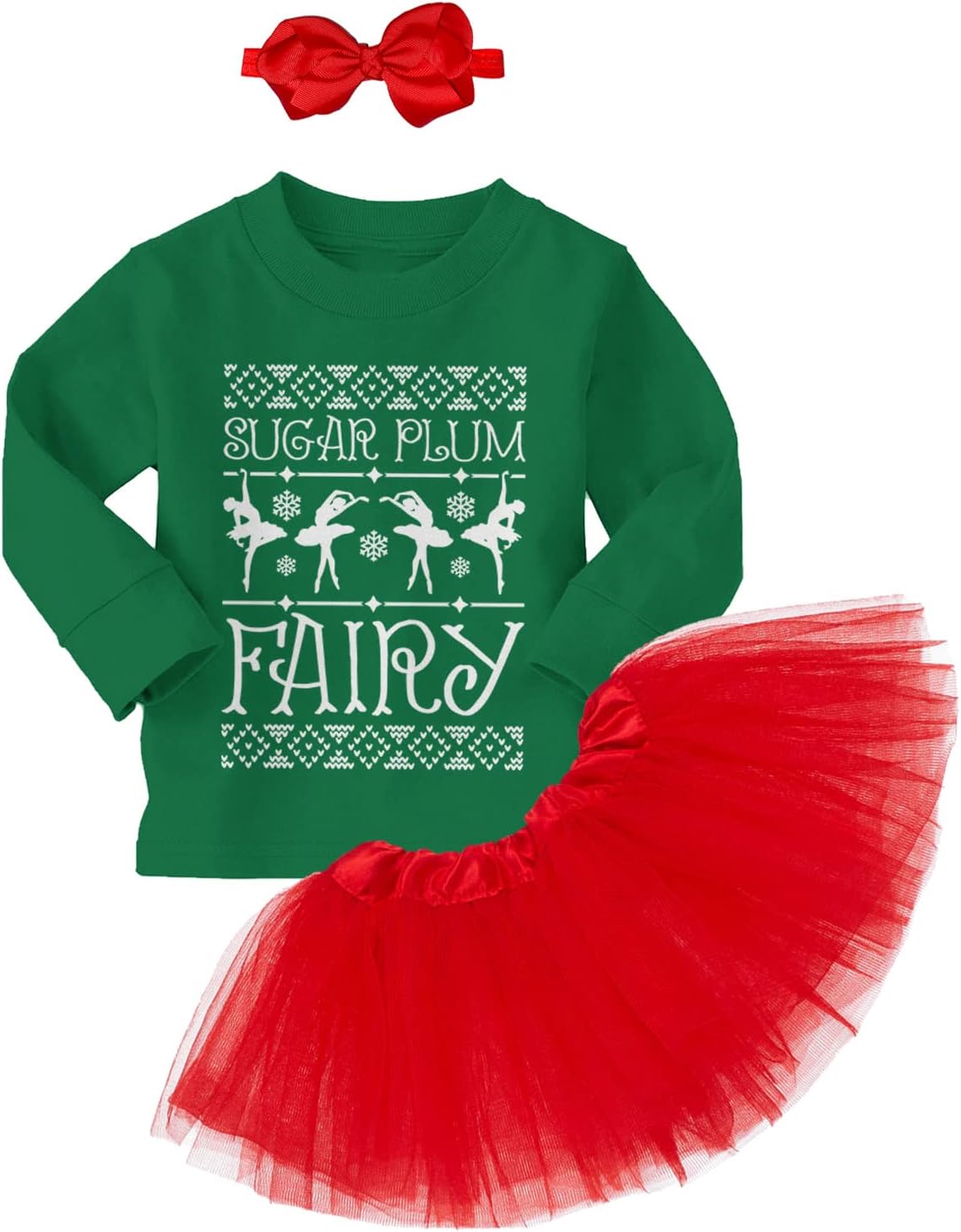 Tcombo Sugar Plum Fairy - Ugly Christmas Pattern Baby Bodysuit + Tutu Skirt + Bow Headband Set