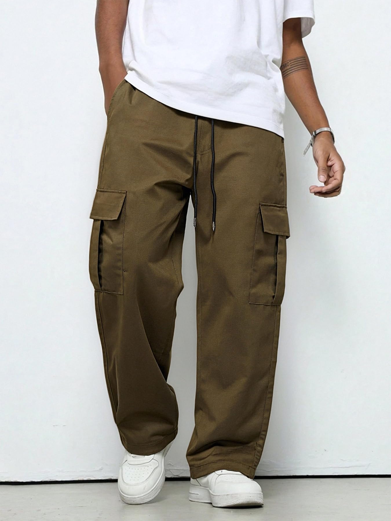 Men's Plus Size Cargo Pants Drawstring Waist & Multi-Pockets, Sporty Trendy Versatile Men's Long Trousers Straight Leg