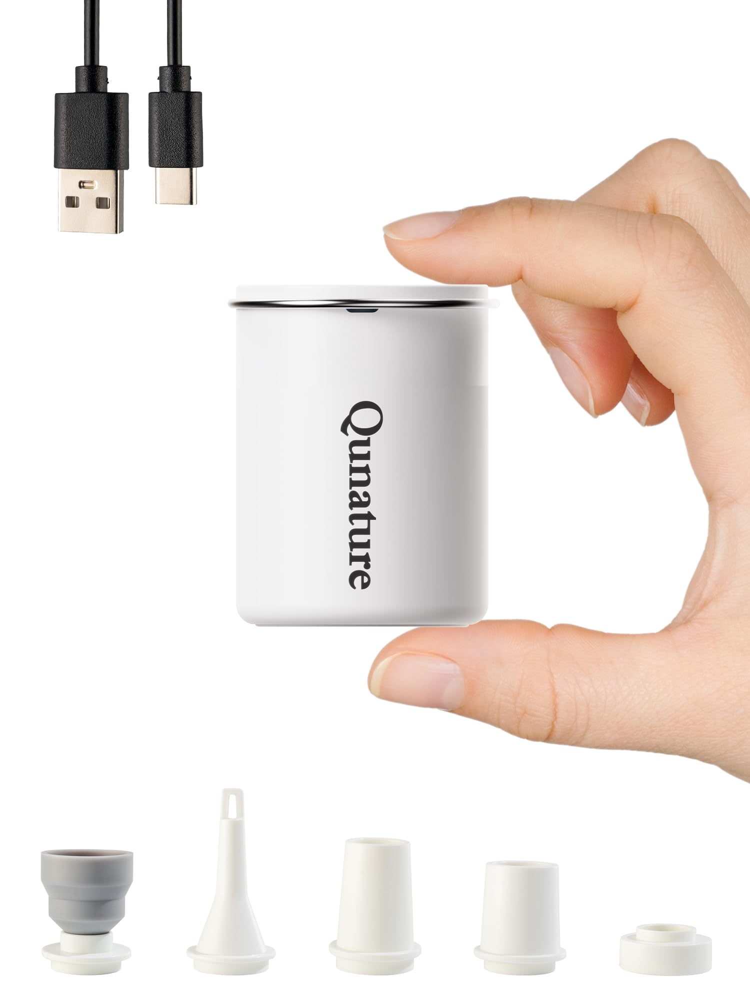 Qunature Mini Air Pump 5kPa 400L/min, 1500mAh Rechargeable Battery, Camping Light & Magnetic Design, Portable Electric Air Pump with 5 Nozzles for Air Mattress, Swimming Ring, Camping, Travel, White