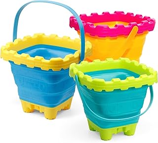 Gran cubo de playa de juguete, juego de 2, colorido cubo de playa de arena para niños, niños pequeños, al aire libre, arenero, castillo de arena, cubo en forma de red, nieve, patio trasero, sin azul