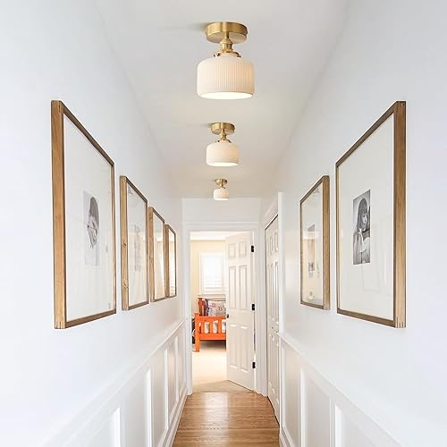 Miniatura 9 de Lámpara de techo semiempotrada de cerámica blanca vintage dorada para cerca del techo, pequeña luz de vidrio de leche montada empotrada para cocina,