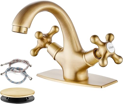 gotonovo Grifo de lavabo de baño de un solo agujero, doble mango cruzado, pomos mezcladores de lavabo con drenaje desplegable y placa de cubierta de