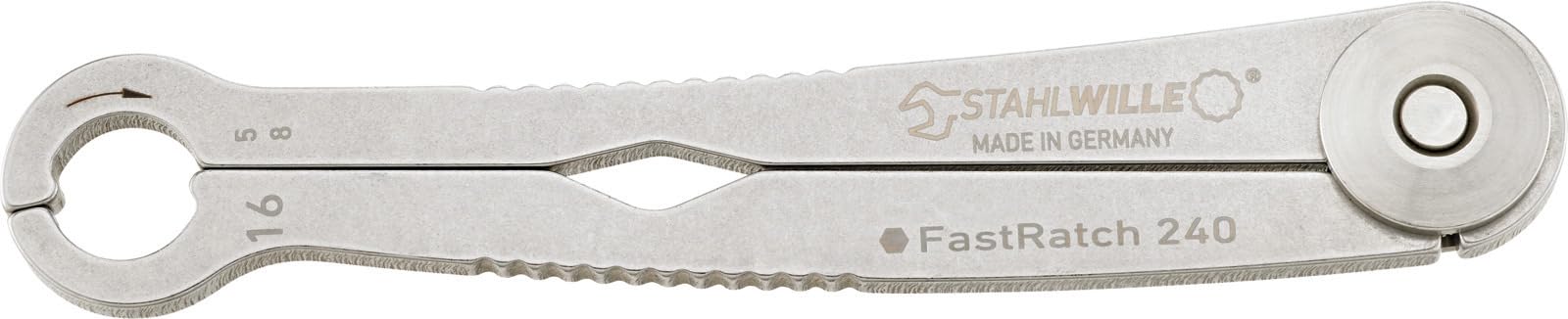 STAHLWILLE 240 16 | FastRatch Ratschenschlüssel 16 mm - 5/8 " | offener Ringschlüssel mit Ratschenfunktion, Maulschlüssel | ideal für Bremsleitungen, Überwurfmuttern | Made in Germany