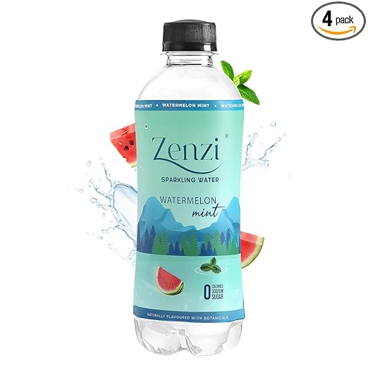 Zenzi Sparkling Water - Watermelon Mint Pack of 4 (350ml Each) | 100% Natural Unsweetened Soda Water | Zero Sugar & Zero Calories Flavoured Carbonated Water | Watermelon Mint Drink