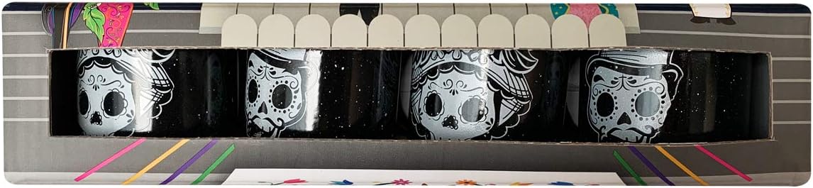 BY MEXICO Los Catrines Mini Pocillo de Peltre, 2.7 oz. Black Skeleton Mugs - Set of 4