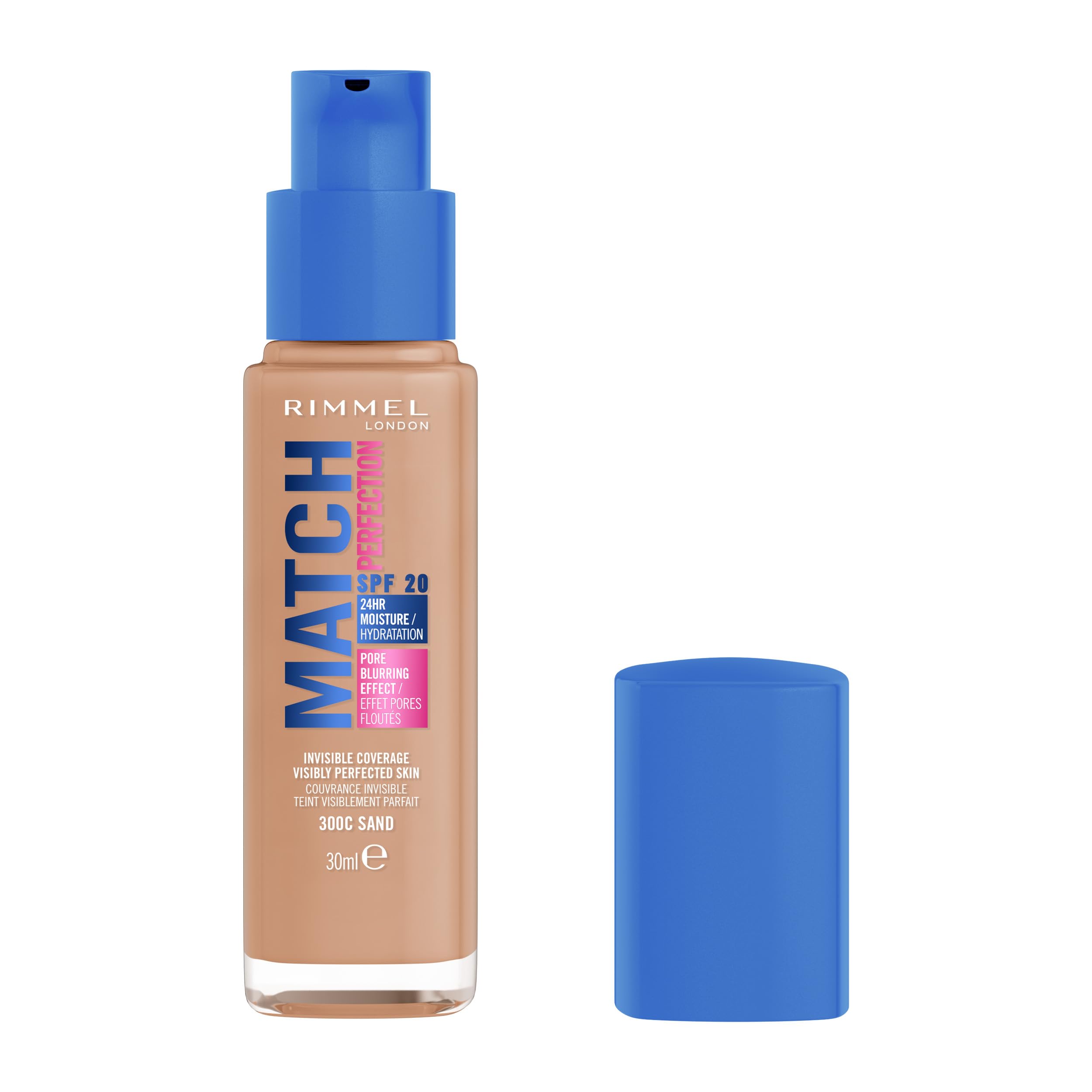 Rimmel Match Perfection Foundation, 300C Sand, Invisible Coverage, Pore-blurring, Medium coverage. Visibly perfected skin. SPF20, 30ml, Cruelty Free