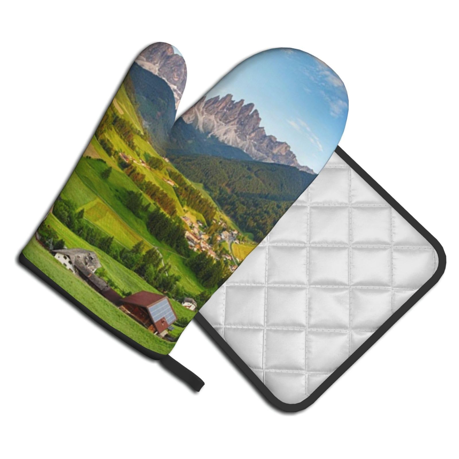Oven Mitts and Pot Holders Set of 2 Pcs, Village Scenic Printed Heat Resistant Kitchen Gloves Potholders for Cooking Baking Grilling