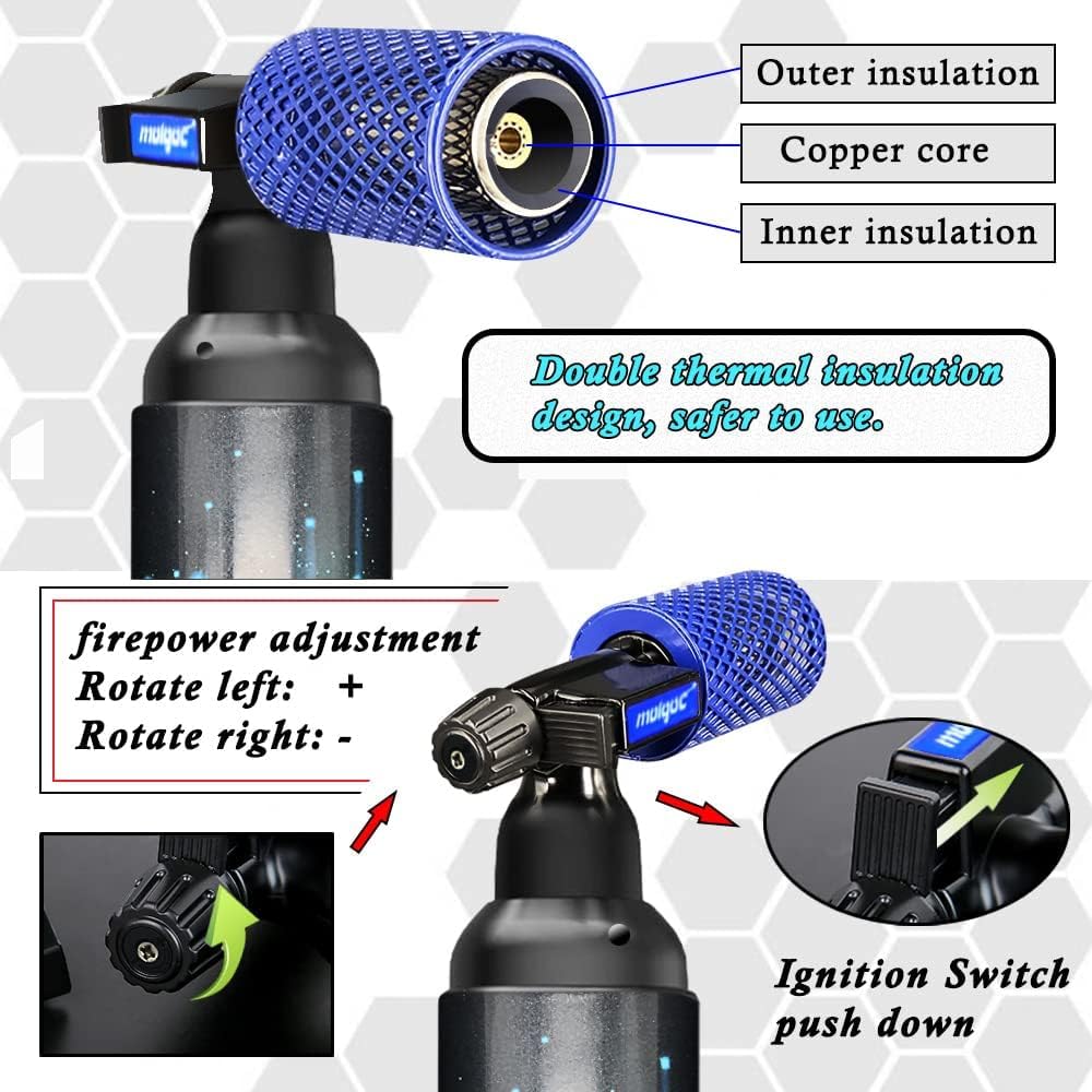 Encendedor de butano azul con cubierta protectora de acero inoxidable antiquemaduras, linterna de gas recargable para cocina, protector de llama ajustable con funda (gas no incluido) (acero