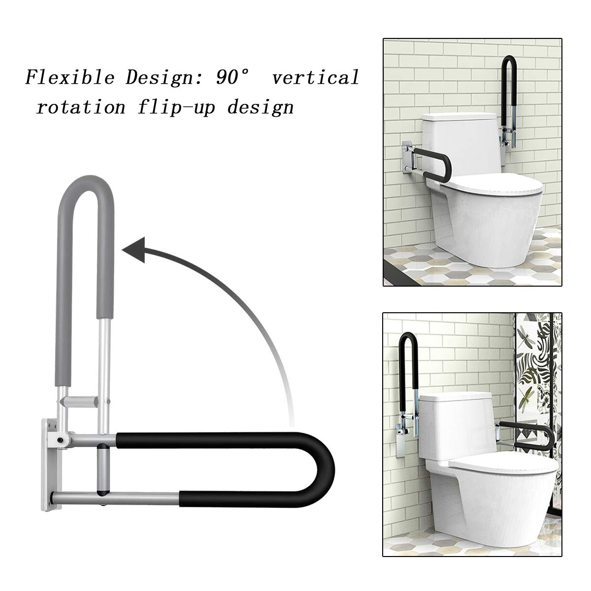 FlySkip Barra di supporto per WC, pieghevole, 61 cm, per disabili, montaggio a parete, per bagno e doccia, antiscivolo, per donne incinte e disabili