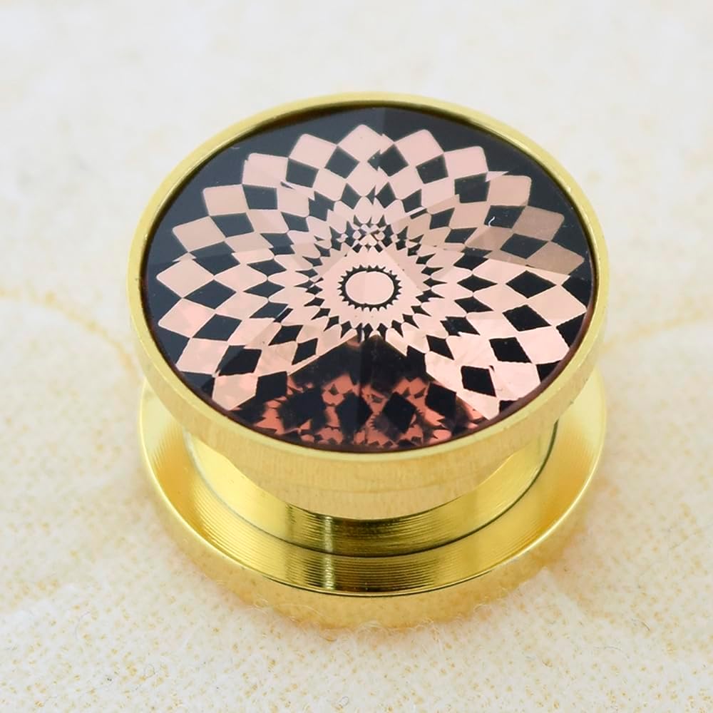 Black & White Diamond Design on Glass Top Gold Anodized 316L Surgical Steel Ear Gauge Flesh Tunnel - Stretching - Ear Piercing Body Piercing Jewelry
