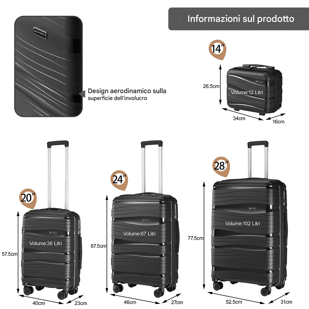 Set 4 Valigie Rigide con Beauty Case in Polipropilene Ultra Resistente agli Urti, Trolley Manico Telescopico e Ruote Easy Roll, Serratura Codice Rinforzata e Design Moderno (Black)