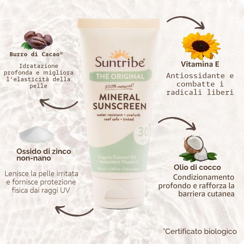 Crema Solare Naturale Minerale FPS 30 Suntribe - 100 ml, Tinta, Biologica - 100% Naturale & Sicura per i Coralli, Non-Nano Ossido di Zinco, Resistente all'Acqua - Vincitore Beauty Shortlist Awards