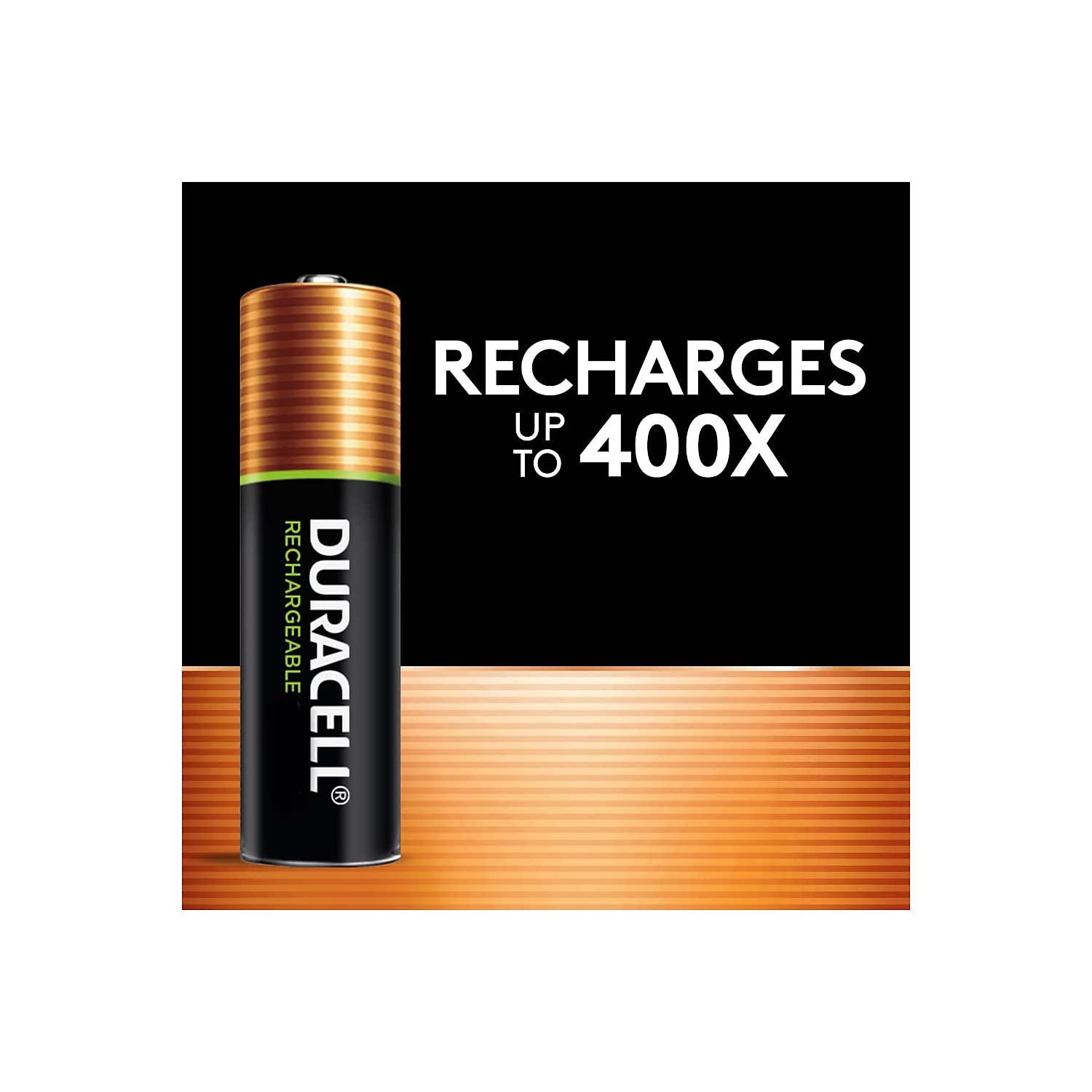 Duracell Rechargeable AAA Batteries with text 'RECHARGES UP TO 400X'