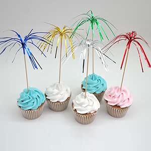 Shxstore Assorted Colors 9" Foil Frills Food Picks Fireworks Cupcake Topper for Birthday Party Baby Shower Pack of 100