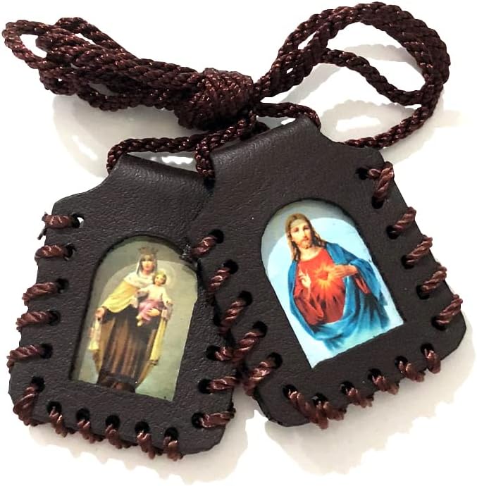 Catholic Town Sacred Heart of Jesus, Our Lady of Mount Carmel Leather Scapular, Brown, Unisex Adult Catholic, Leather, Scapular-Necklaces