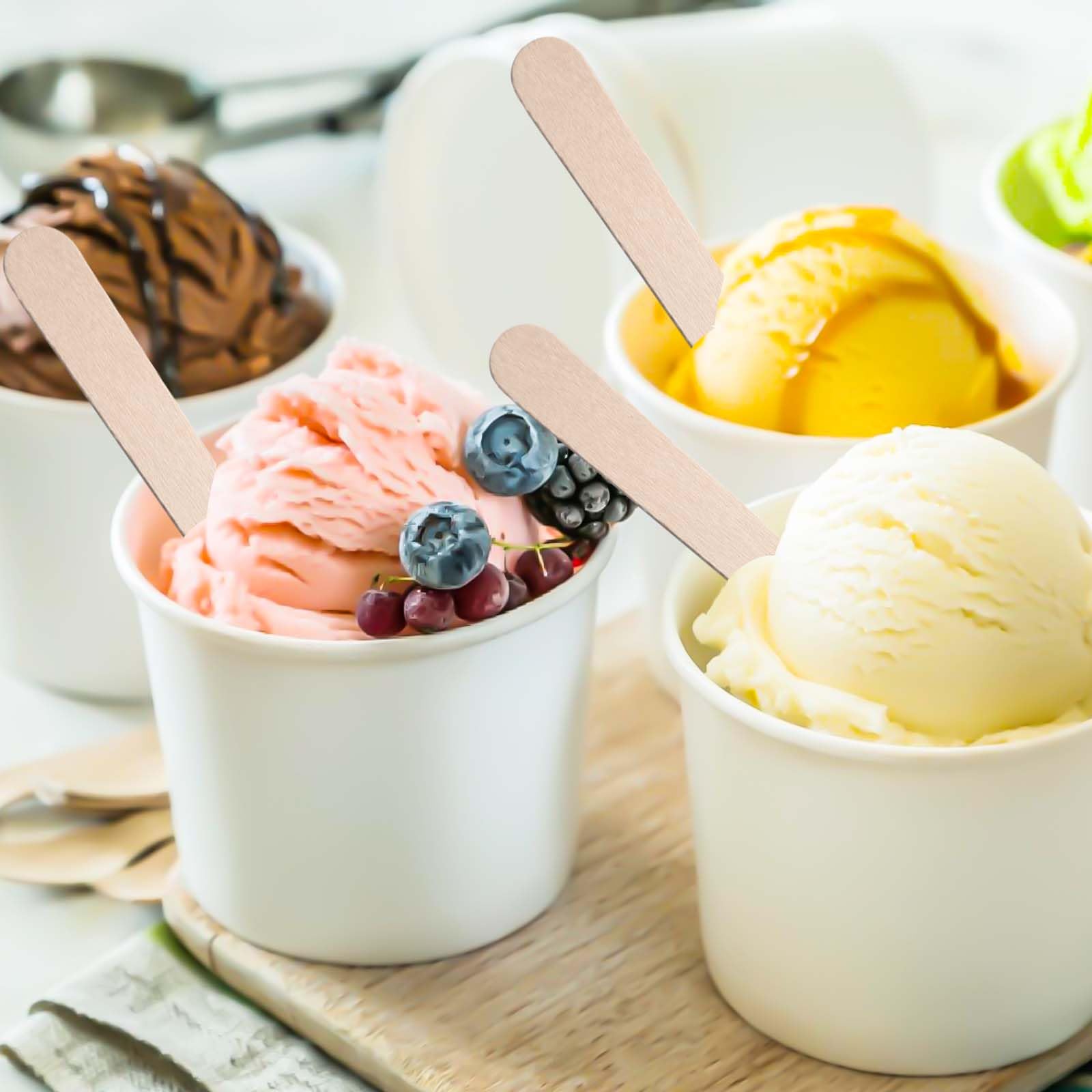 50 bicchieri da gelato universali in cartone ecologico, 240 ml, in carta, con 50 cucchiai, in cartone, compostabili, per gelato, yogurt, finger food, bianco