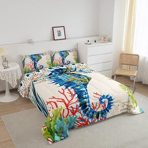 Conjunto de cama de cavalo-marinho temático de criatura do oceano conjunto de edredom para crianças,