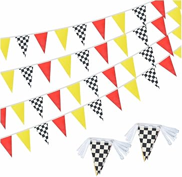 2 Pack Red Yellow and Checkered Pennant Banner Flags Dercoations for Race Car Birthday Party Supplies 66Feet 60Pcs