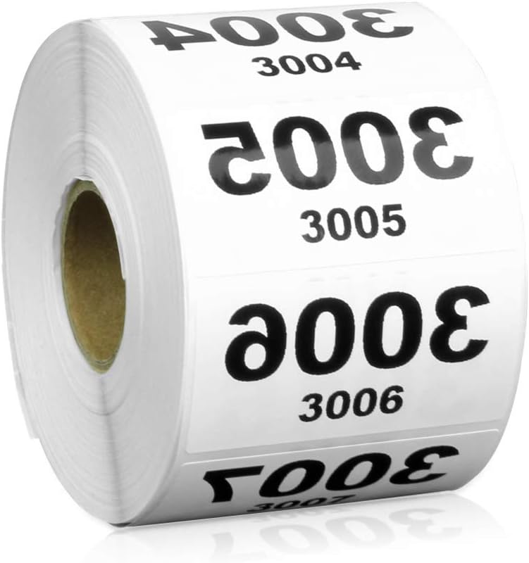 1000 Reverse Number Sticker Labels [3001-4000] - 1" x 2" Live Sales Mirrored Reverse Number Stickers Consecutively Numbered Stickers Live Sale Tags, White - 1 Roll of 1000