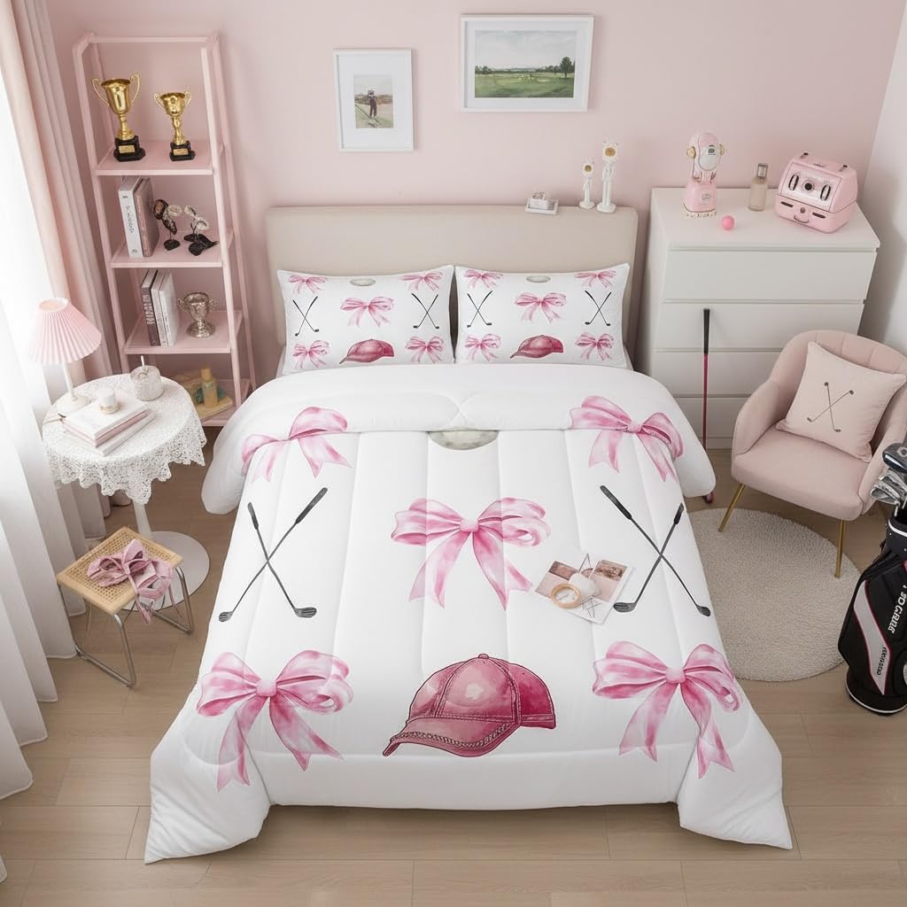 Castle Fairy Kawaii Bow Kids Toddler Comforter Sets,Girls Golf Bowknot Reversible Bedding Set for Teens Women Teens Children,Cartoon Golf Club 2 PCS,Girly Sport Pink White Duvet Insert,1 Pillow Case
