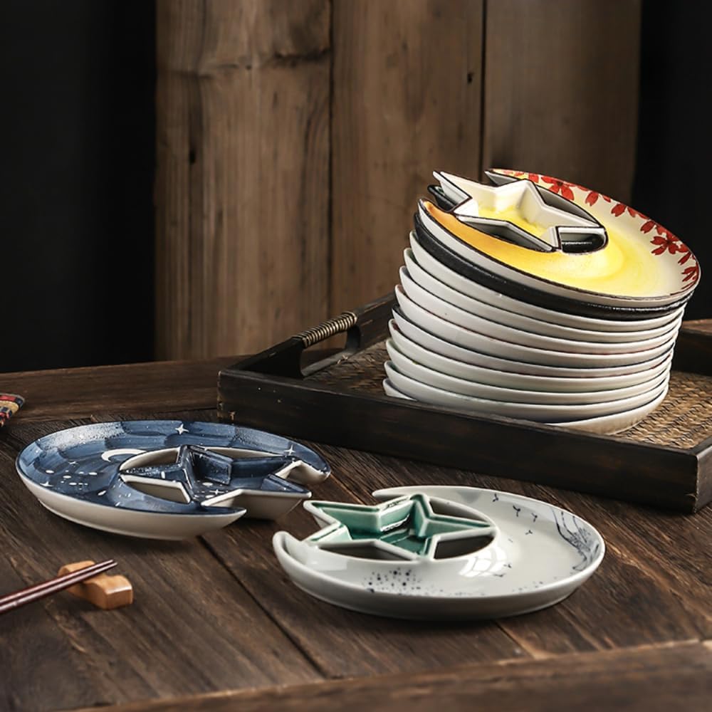 Tableware Dumpling Plate with Vinegar Dish Breakfast Ceramic Commercial Small Sushi (Night sky blue)