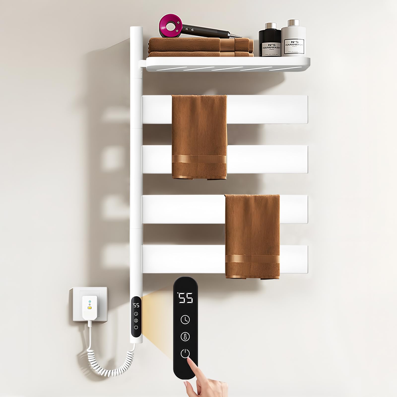 Calentador de toallas, toallero eléctrico, calentador de baño eléctrico, 120 W, con temporizador y termostato, 30-70 °C (blanco 69)