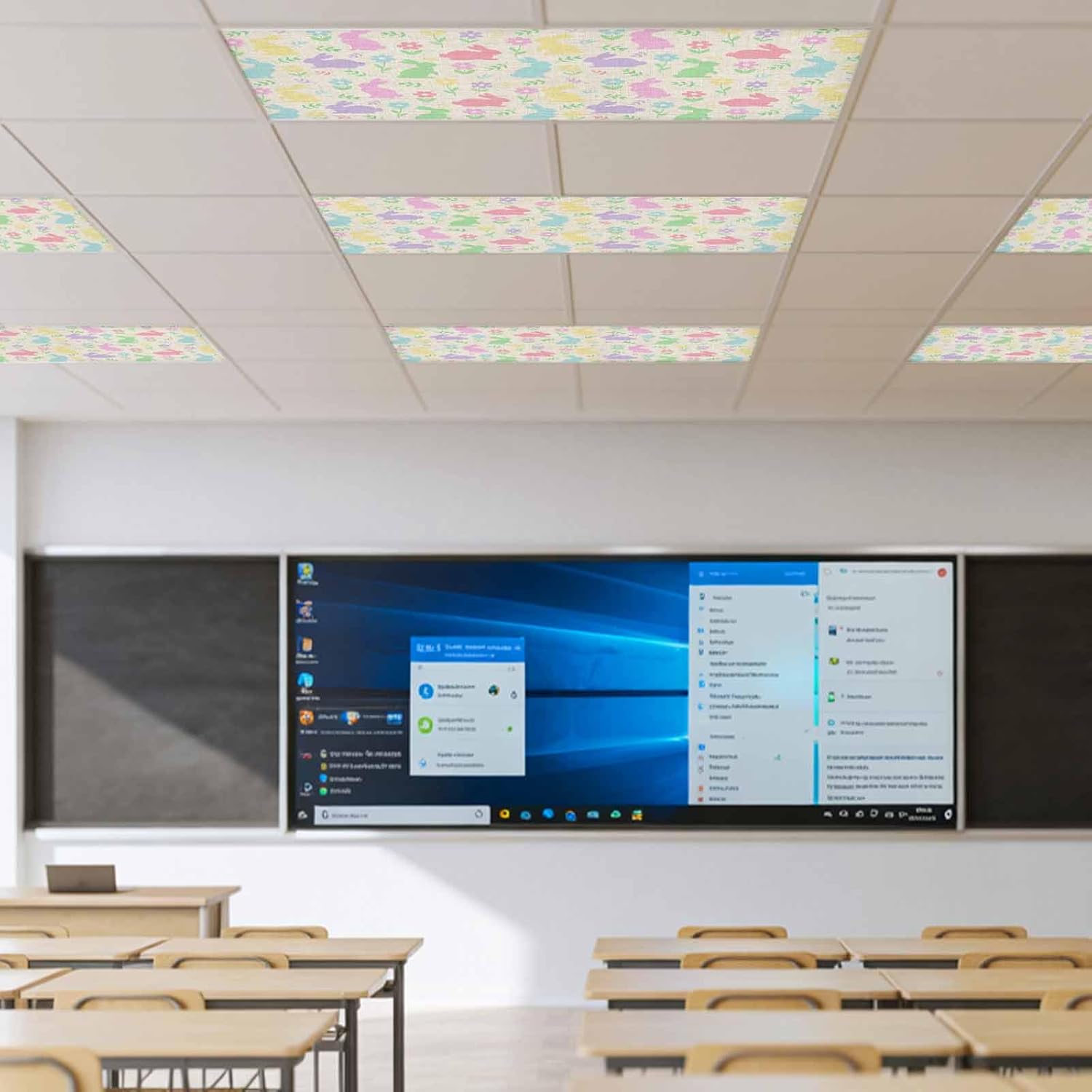 2x4 ft Fluorescent Light Cover for Ceiling Cartoon Pink Blue Green Easter Rabbits Magnetic Light Filters, Flower Leaf on Linen Ceiling Lampshades for Home School Office 4Pcs