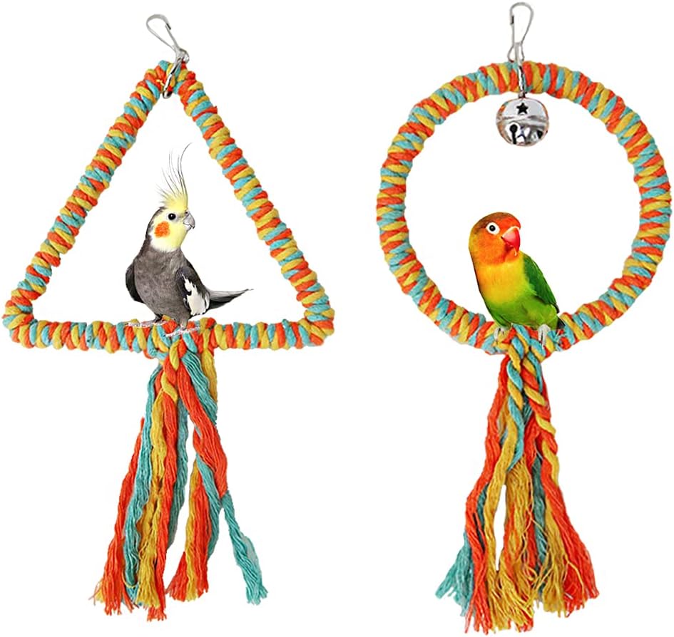BIGCAKE 2 Pack Bird Rope Swing Stand Perch Parrot Cage Hanging Rope Ring Climbing Toy Colorful Chewing Swing for Parrots Budgie Parakeet…