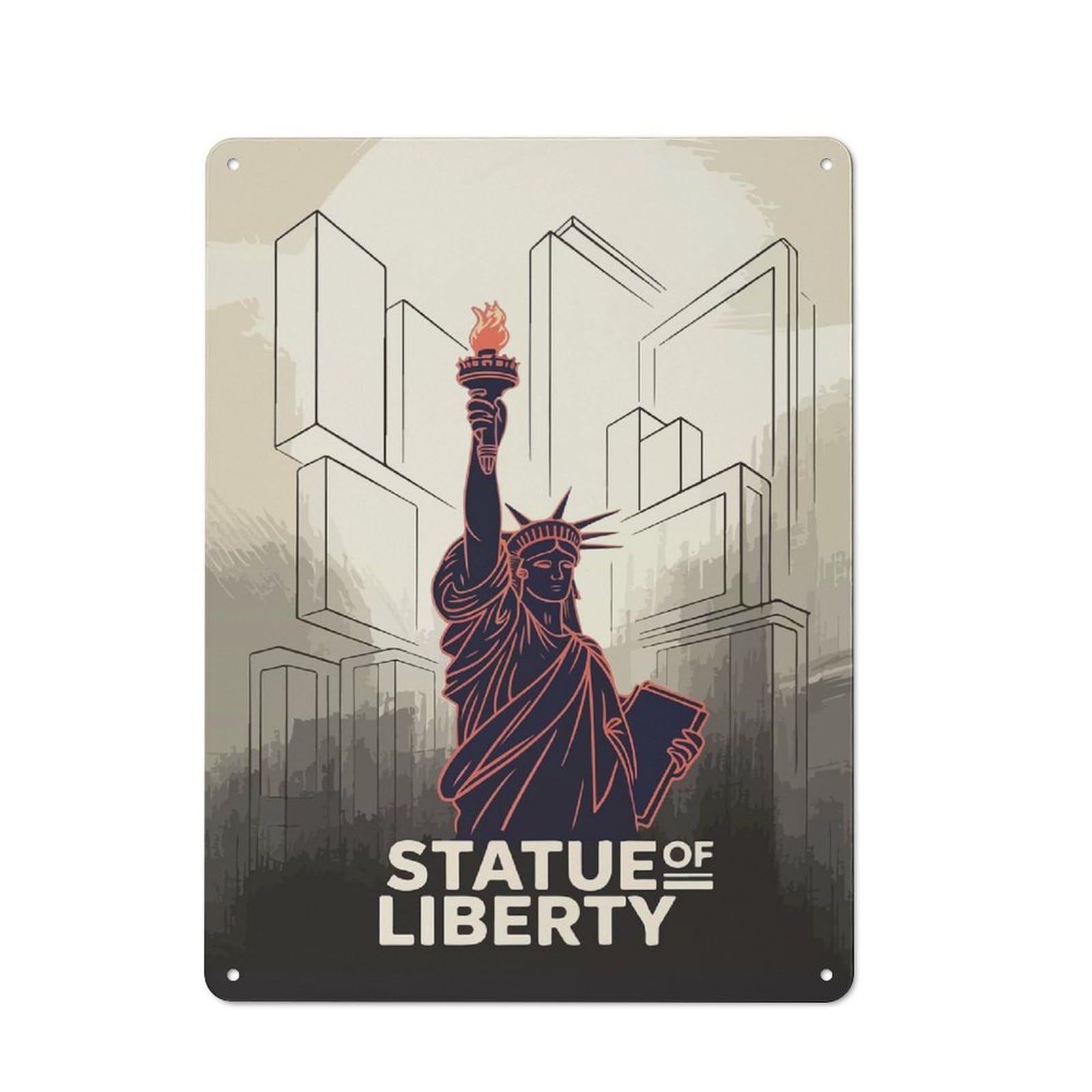 Junmoney Statue Of Liberty Illustration Rustic Metal Wall Sign 40X30cm Featuring For Pub Or Café, For Vintage Wall Decor Fans, For Metal Sign Collectors
