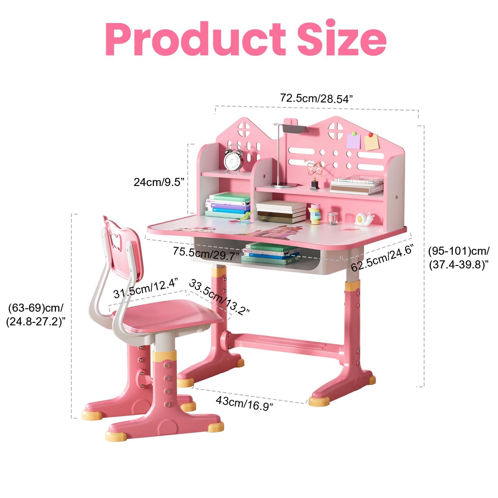 Tuelaly Ensemble bureau et chaise pour enfants, réglable en hauteur avec tiroir de rangement spacieux, pour éviter la myopie dorée, école, maison et études (rose A)