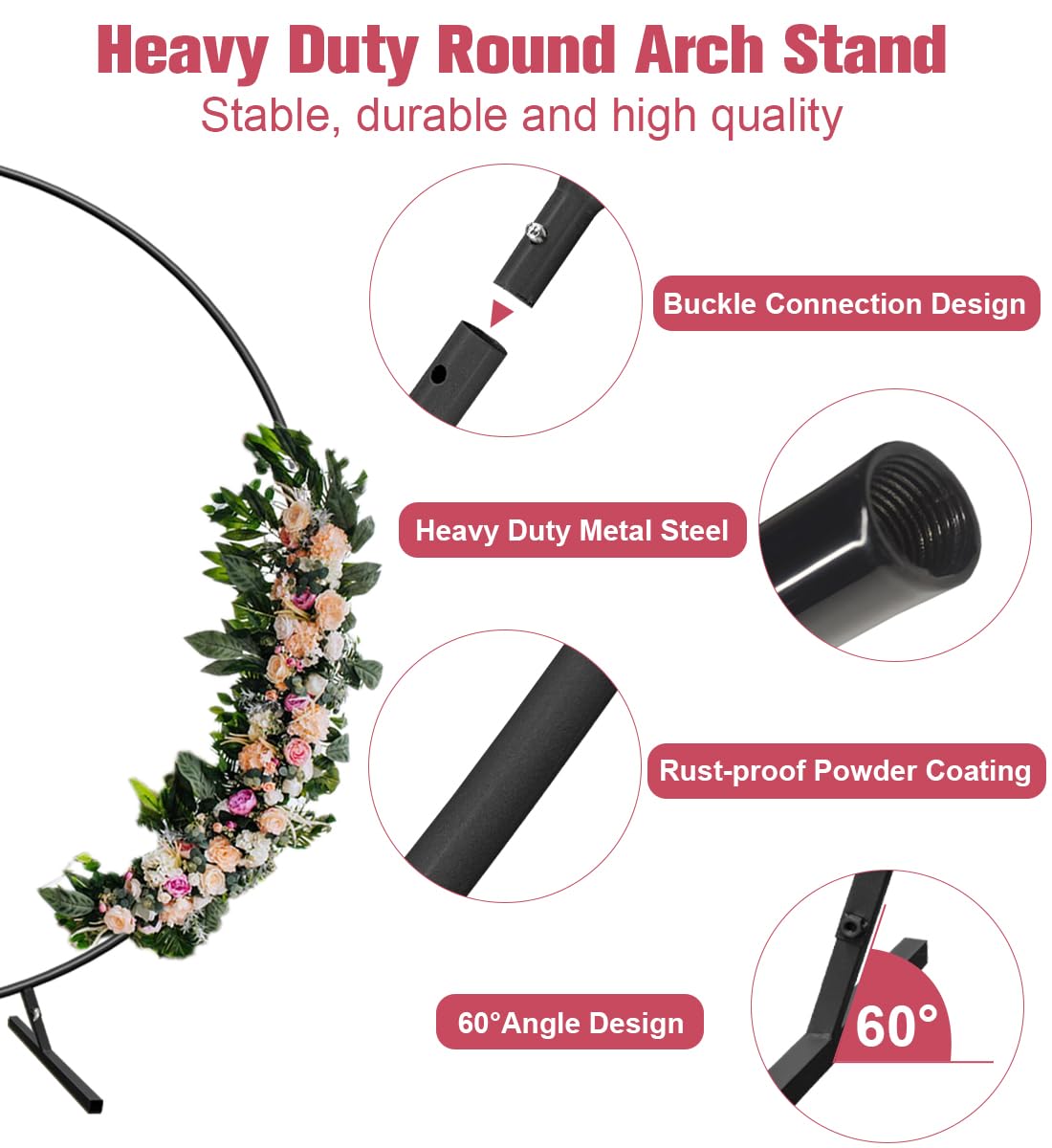 AnBaiMei 7 Ft Round Wedding Arch Stand with Metal Base for Flower Balloon Decoration, Circle Backdrop Stand Frame for Ceremony, Birthday Party, Baby Shower, Black