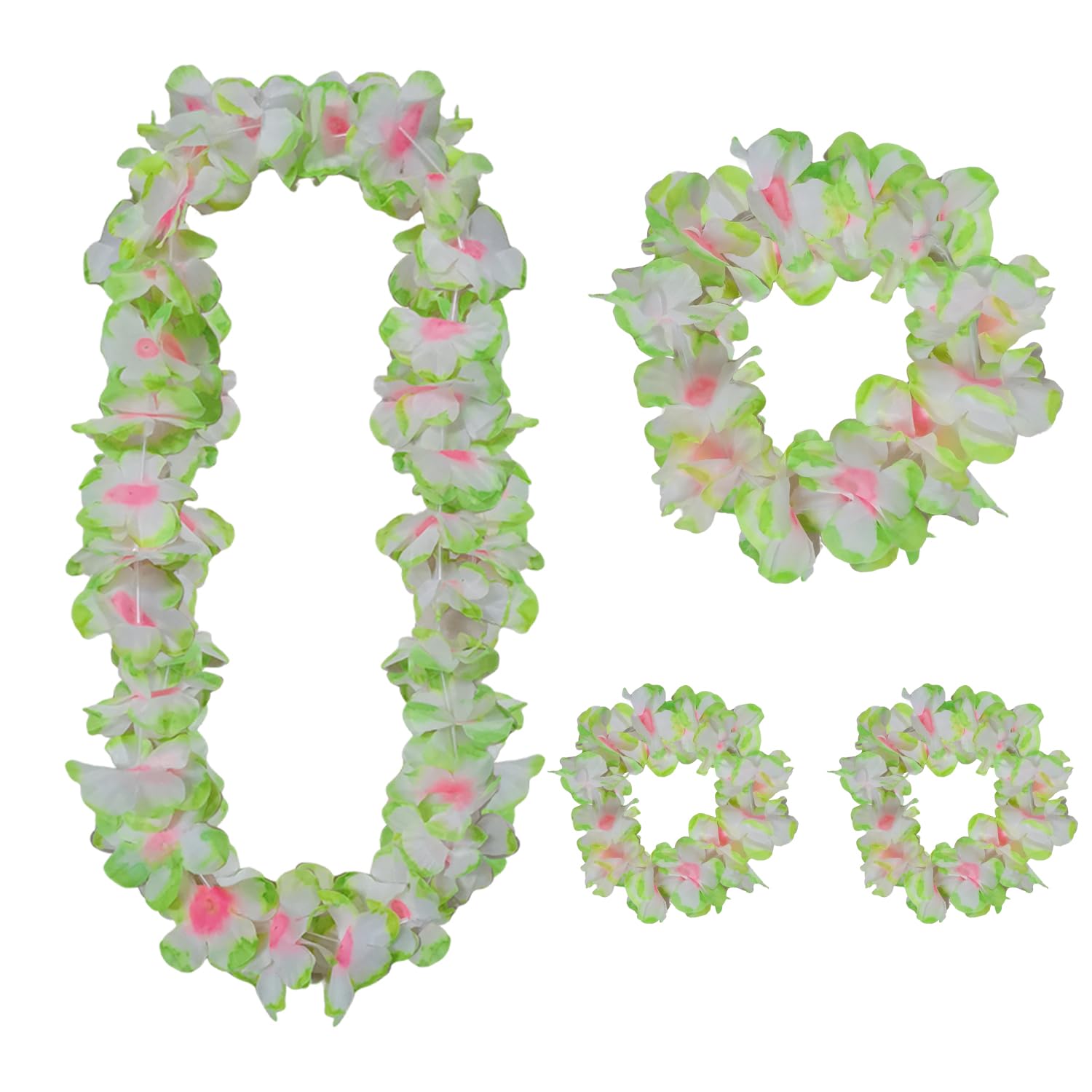 4pcs Hawaiian Leis, Gender Reveal Party Leis for Luau Party Jumbo 1 Headband 2 Bracelets 1 Necklace Graduation Lei Flower Christmas Lays Floral Garland