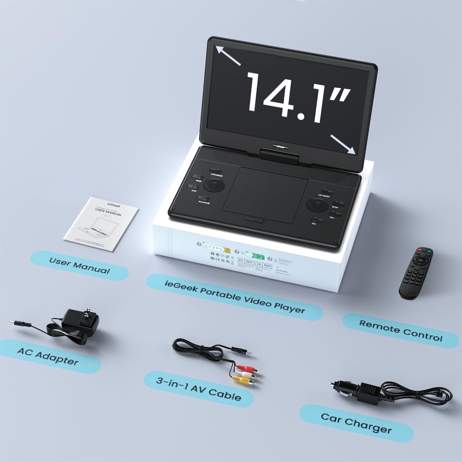 ieGeek Lecteur DVD portable de 16" avec écran pivotant de 14,1", entrée HDMI, batterie rechargeable de 6 heures, lecture USB/SD, cadeau idéal pour les personnes âgées, les enfants et les voyages, noir
