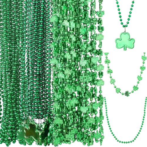 Landical 60 Pcs St Patrick's Shamrock Necklaces Irish Clover Green Bead Pendant Bead Necklaces Bulk St Patrick's Day Accessories Green Beaded Necklace for Parade Party Favor Supplies, 3 Styles