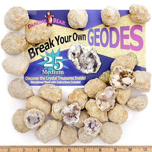 Image of DANCING BEAR 25 Break Your Own Geodes, (Medium 1-1.5") 90% Hollow, Crack Open & Discover Amazing Surprise Crystals Inside! Educational Info and Instructions Included, Fun Party Favors & Prizes