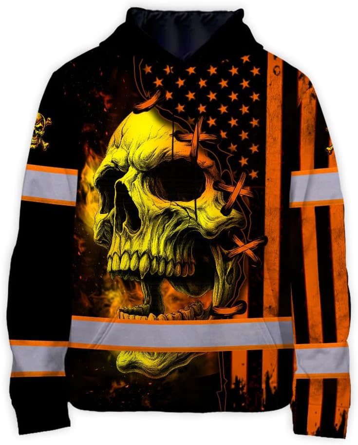 Matedecor Skull US Flag Reflective High Visibility Hoodie For Men Construction Hi Vis Safety Workwear Custom Name