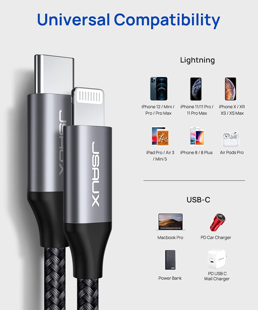 USB C to Lightning Cable 6ft, JSAUX [Apple MFi Certified] iPhone 13 Charger Cable Nylon Braided Lightning to USB C Cord for iPhone 13/13 Pro/13 Pro Max/12 Pro/11 Pro Max/X/XS/XR/8, iPad 9th 2021(Grey)