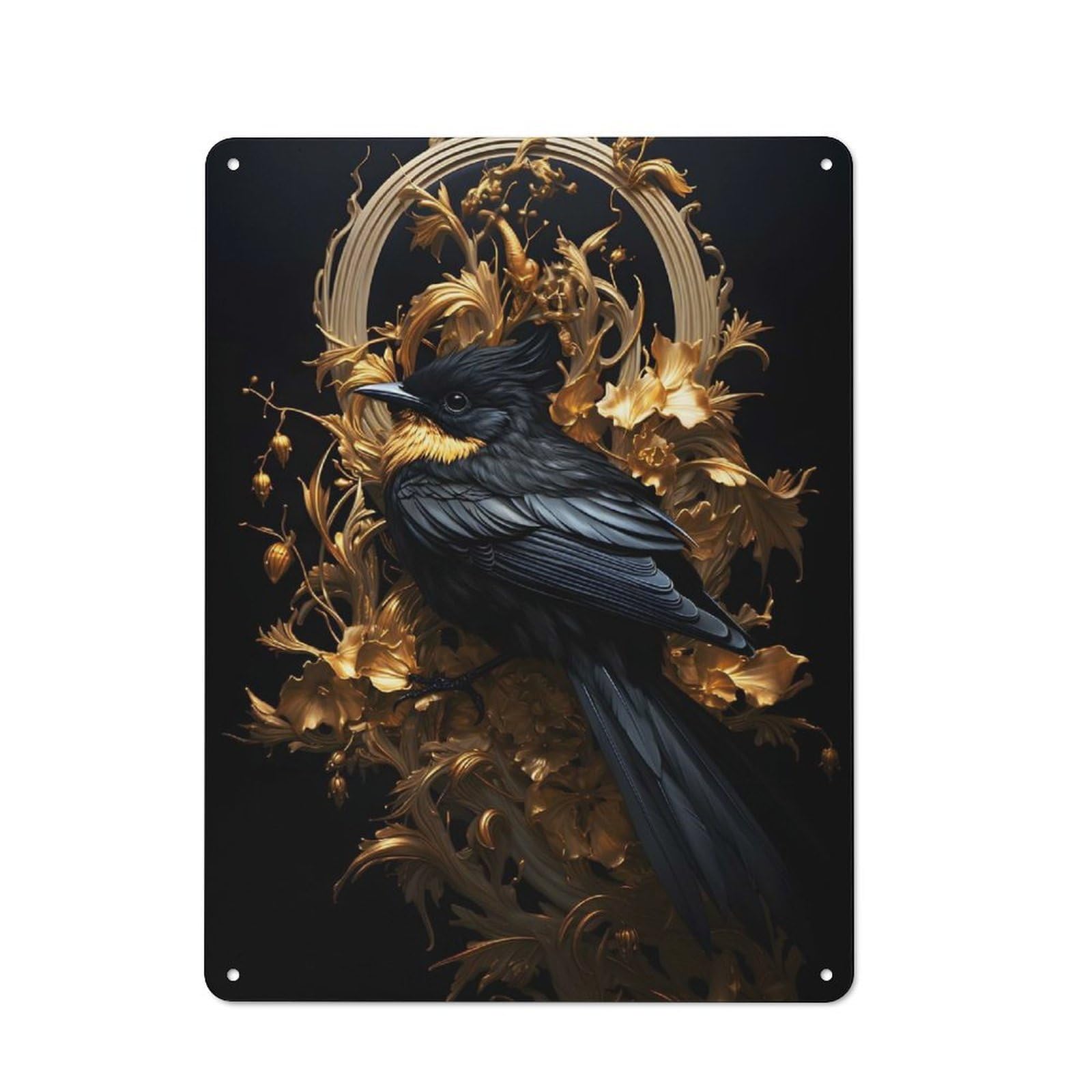 Junmoney Style-12 Metal Plaque 40X30cm With Black And Gold Sparrow 03 For Hallway Wall, Rustic Decor, A Metal Wall Feature For Hallways And Entrance Areas