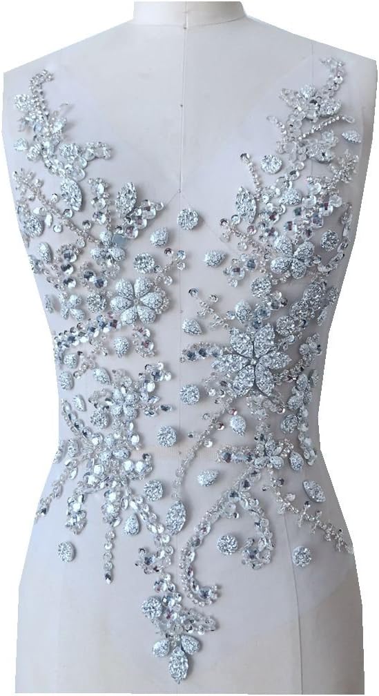 Pure Hand Made Crystals Patches Silver Sew on Rhinestone Applique Knit Trim 50 x 30 cm Dress Accessory