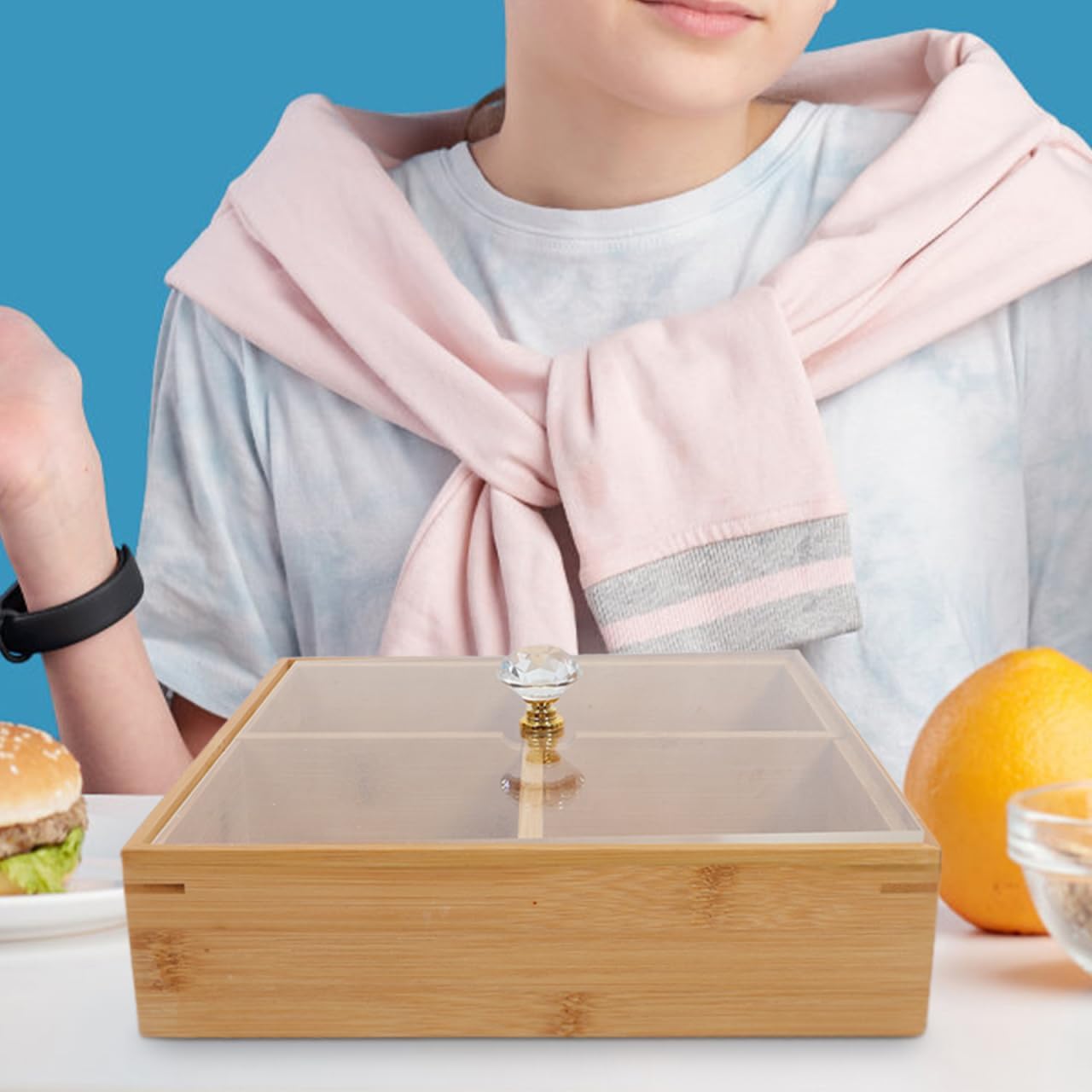 Four-Compartment Bamboo Snack Box with Transparent Lid Divided Serving Tray for Nuts Fruits Candies - Ideal for Parties Home Entertaining and Everyday Use - Image 5