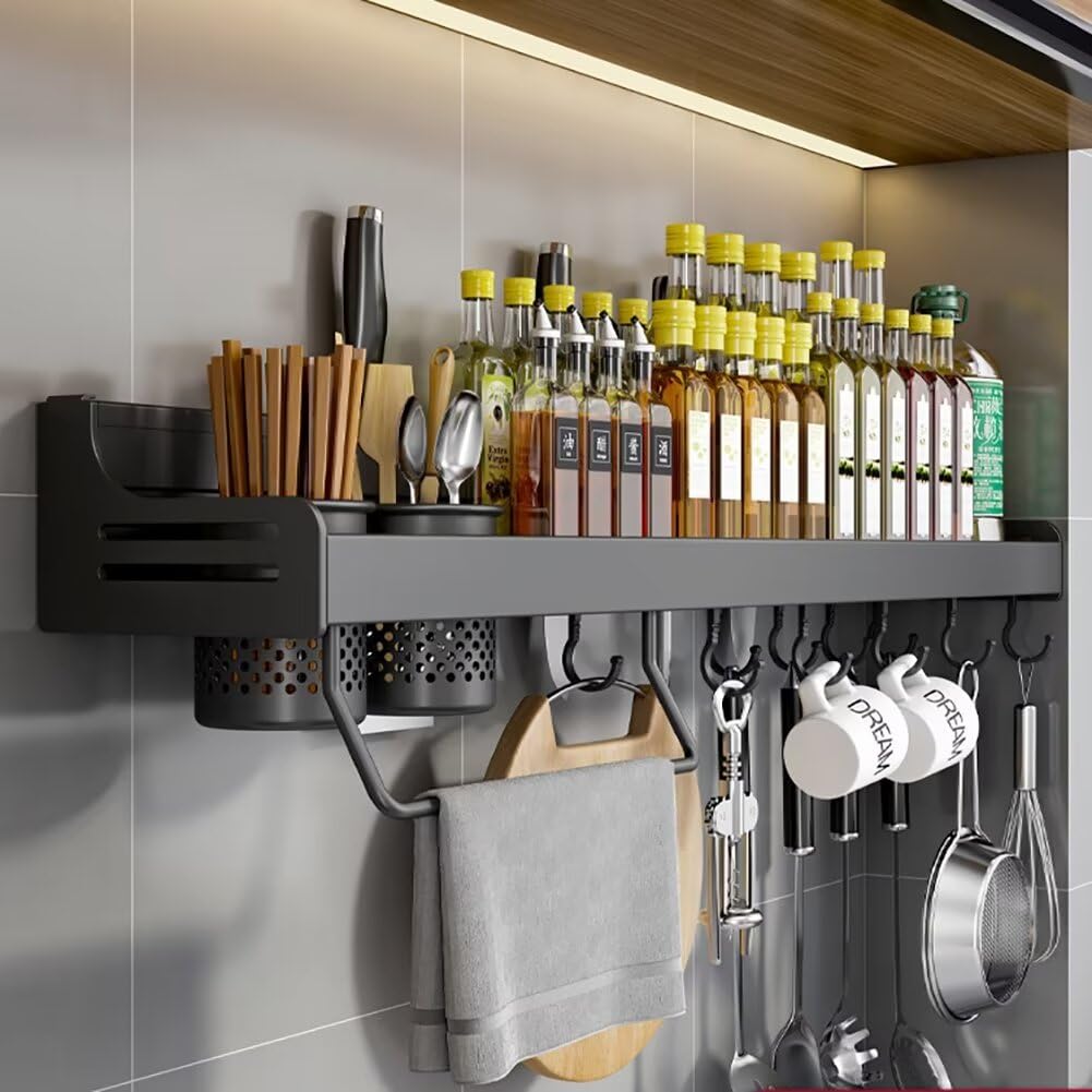 HADECOLL Wall Mounted Spice Rack Organizer Shelf For Spice Jars And Condiments, Adhesive Or Screw Installation,Black-40cm