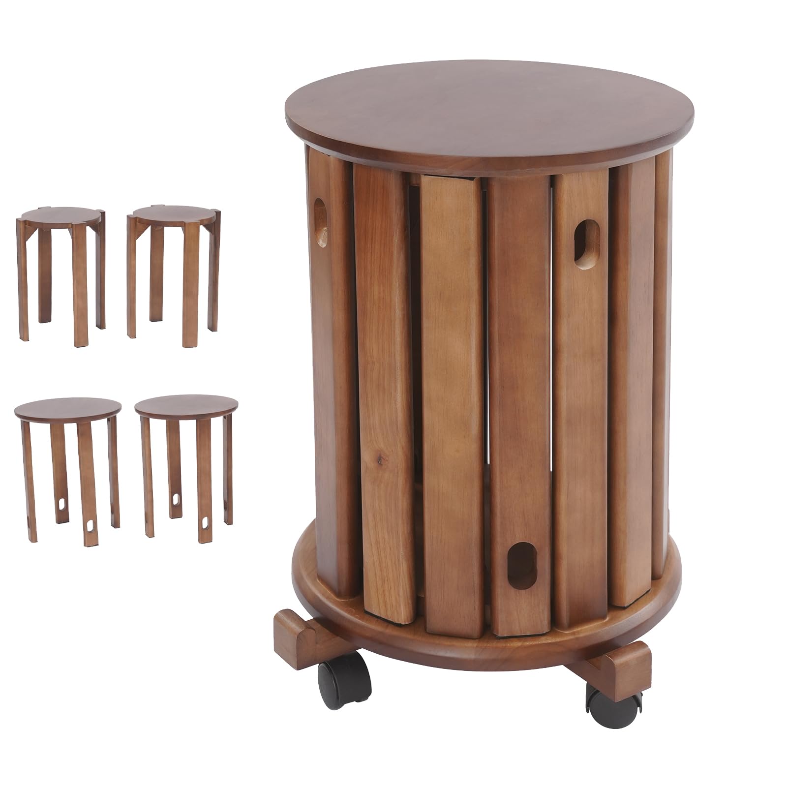 Tabouret empilable multifonction en bois rond empilable - Meubles polyvalents - Tabouret en bois empilable à quatre niveaux avec roulettes - Pour une utilisation sur les balcons, les cours