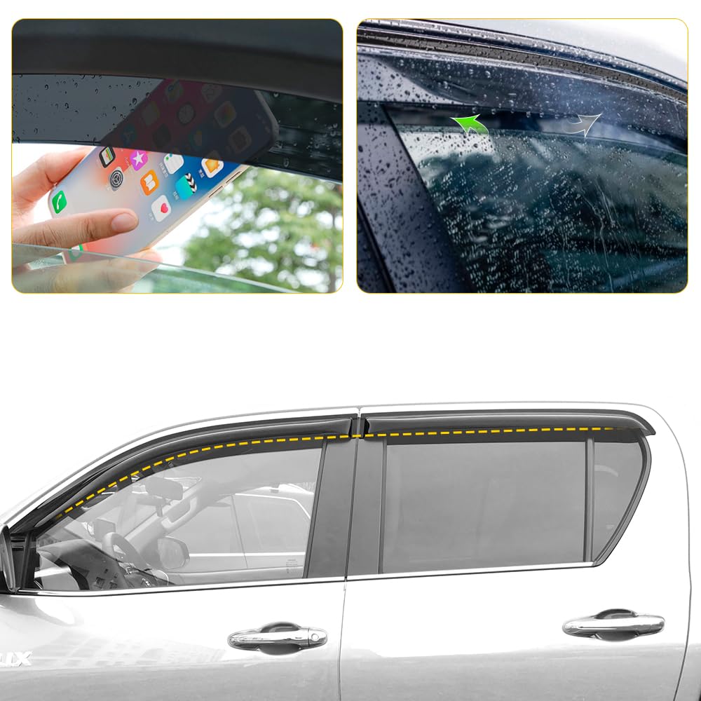 Déflectores de Viento Adhesivos para Toyota Hilux (2016-2026) Double Cab Derivabrisas de Ventana en PMMA Negro Ahumado, Visera Anti-Reflejo y Protección Pluvia (GX, VX, VXL, Invincible, GR Sport)
