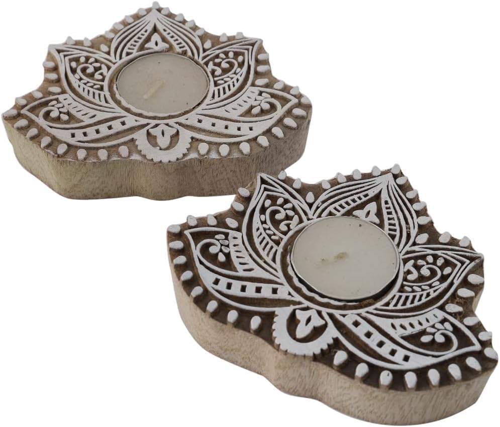 Handmade Wooden Tea Light Candle Holder Stand for Diwali Handpainted Wooden Block Print Leaf Shaped Deepawali Decoration Items Candle Holder for Indoor Dcor AITL2-121