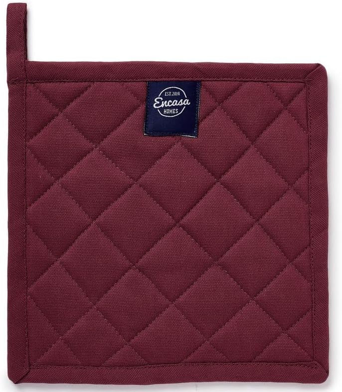 Encasa XO Heat Resistant Cotton Pot Holders with Hanging Loop - Set of 2 - Maroon - Multipurpose Quilted Everyday Hot Pad for Kitchen, Camping, BBQ & Microwave - 8x8 in - Image 5