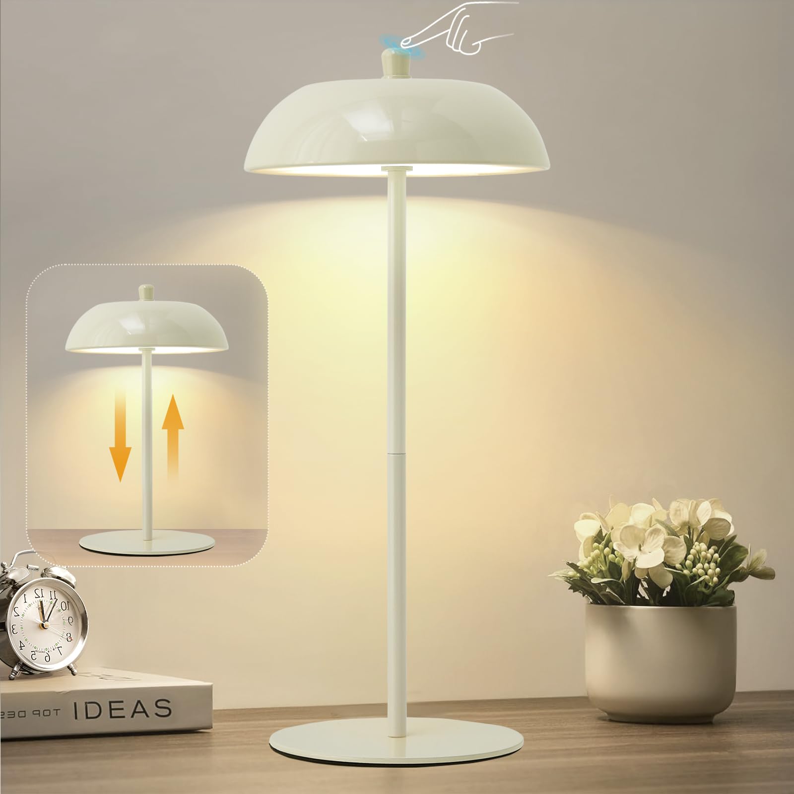 GyroVu Lámpara de Mesa Inalámbrica Recargable, Lámpara de Escritorio LED Táctil a Pilas, Regulable en 3 Modos, Lámpara de Mesa de Noche Inalámbrica para Mesilla de Noche, Salón, Dormitorio (Blanco)