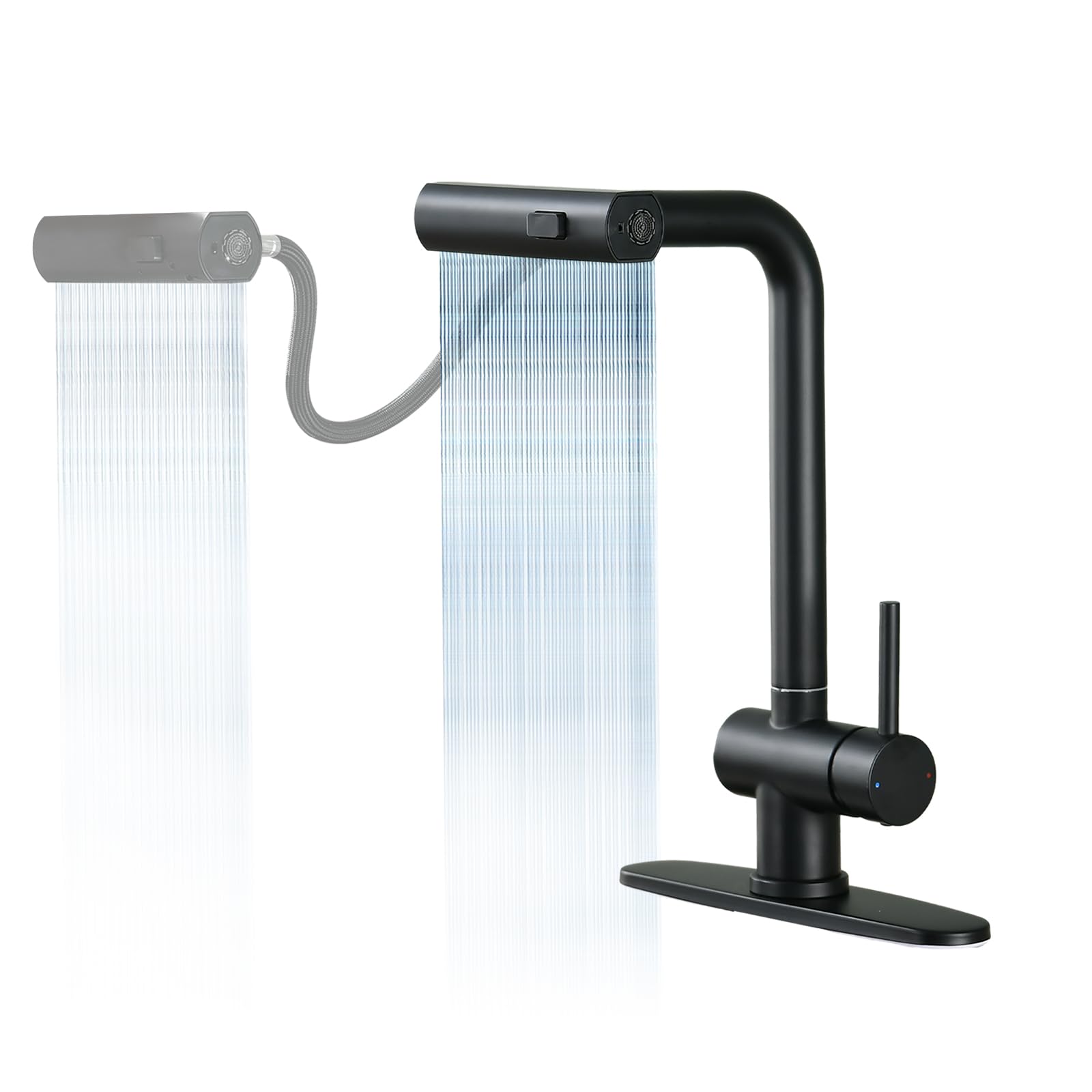 Dornberg Waterfall Kitchen Faucet with Pull Down Sprayer with Water Line, Lead-Free Stainless Steel Kitchen Faucet Mounting with Table 1 Hole Or 3 Hole, Single Handle Control - Matte Black